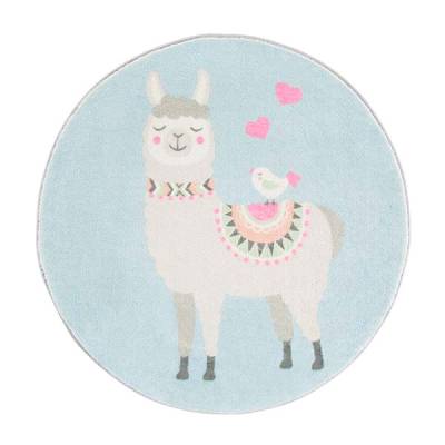 runder Lama Kinderteppich in blau